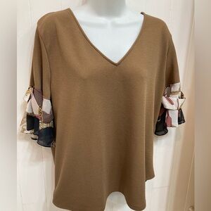 Light Brown blouse with print ties and sleeves, XL